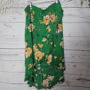 G.I.L.I Green Floral Print High-Low Ruffle Hem Wrap Skirt Womans Size Large